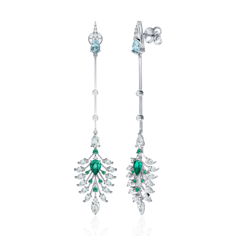 Серьги-пусеты с изумрудами, аквамаринами и бриллиантами