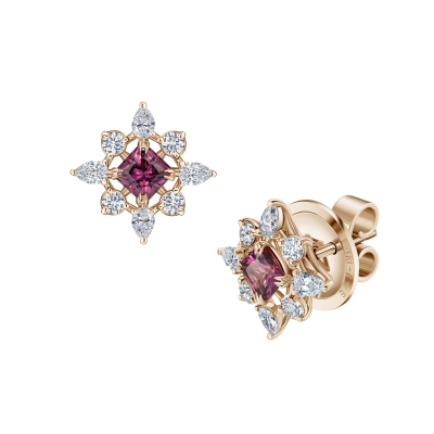 Серьги-пусеты с родолитами и бриллиантами