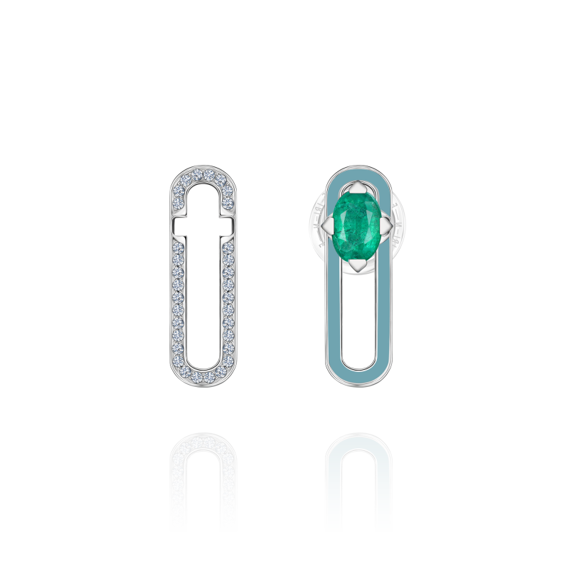 Серьга-пусета с изумрудом, бриллиантами и эмалью