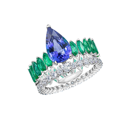 Кольцо с танзанитом, изумрудами и бриллиантами