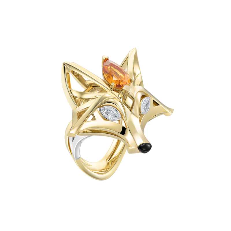 Кольцо с гранатом спессартин, бриллиантами и агатом